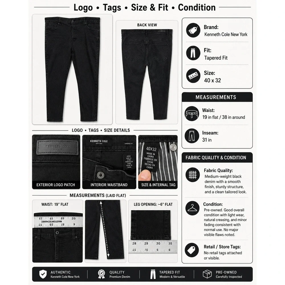 Kenneth Cole New York Mens Tapered Fit Jeans Washed Black 40x32 Denim Pants